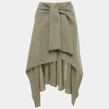 مملوكة مسبقًا Chloe Beige/Green Houndstooth Wool Knot Detail Asymmetric Skirt S 