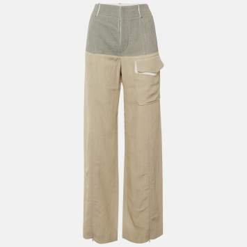 Pre Owned بنطلون كلوي مزيج كريب رمادي / بيج بأرجل واسعة مقاس متوسط (ميديوم)