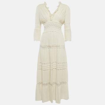 Pre Owned Chloe Cream Pintucked Linen Lace Panelled Maxi Dress S