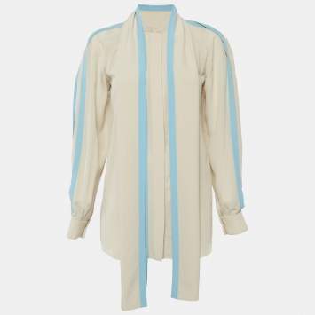 Pre Owned بلوزة كلوي حرير بيج فاتح/أزرق بتفاصيل رباط صغيرة