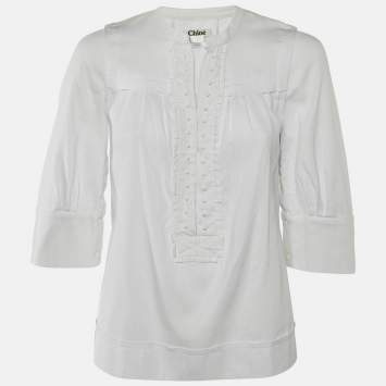 Pre Owned Chloe White Cotton Bead Button Detail Blouse S