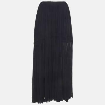 Pre Owned Chloé Navy Blue Crinkle Chiffon Tiered Maxi Skirt M