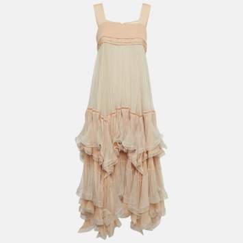 Pre Owned Chloé Peach/Cream Crepe and Silk Ruffle Midi Dress M