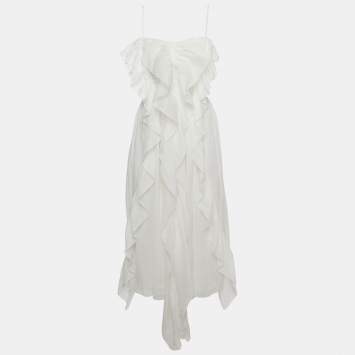 Pre Owned Chloe White Ramie Waterfall Ruffled Strappy Midi Dress M