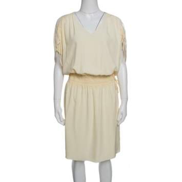 Pre Owned Chloe Vanilla Yellow Smocked Waist Lace Insert Tie Detail Dress M