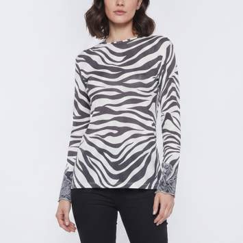 Pre Owned Chloé Beige/Black Zebra Print Mesh Lace Trim Long Sleeve Top M