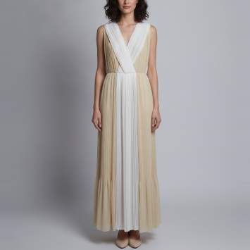 Pre Owned Chloe Beige/White Pleated Chiffon Plunge Neck Maxi Dress S