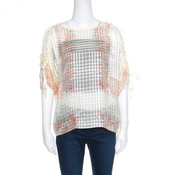 Pre Owned Chloe Cream Drawstring Sleeve Detail Printed Silk Sheer Top M