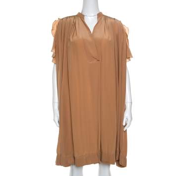 Pre Owned Chloe American Tan Crepe Silk Ruffled Sleeveless Billowy Dress M