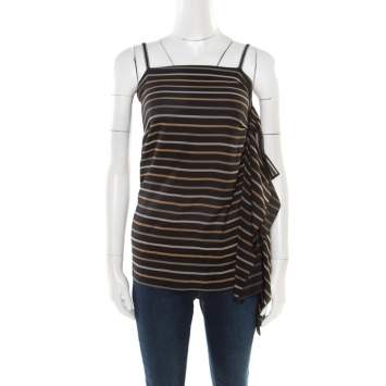 Pre Owned Chloe Noir Striped Silk Asymmetric Draped Detail Lurex Strap Top S