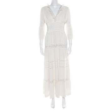 Pre Owned Chloe Cream Linen Pintucked Lace Paneled Maxi Dress S