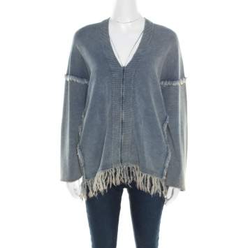 Pre Owned Chloe Indigo Washed Effect Knit Fringed Trim V-Neck Top S