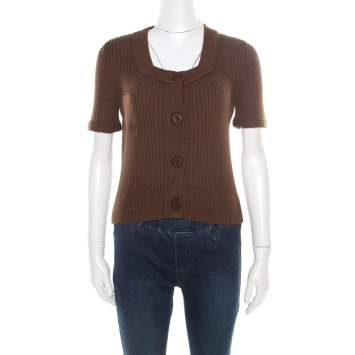 Pre Owned Chloe Brown Cotton and Linen Rib Knit Crop Top M 