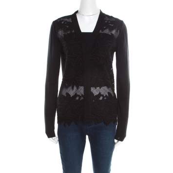 Pre Owned Chloe Black Knit Floral Lace Panel Long Sleeve Button Front Cardigan S