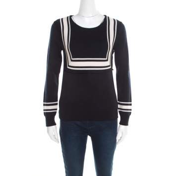 Pre Owned Chloe Navy Blue Wool Contrast Striped Trim Detail Sweater XS 