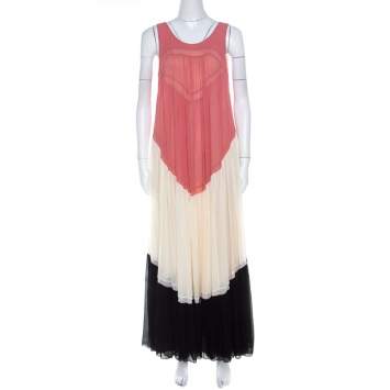 Pre Owned Chloe Coral Cream and Black Color Block Silk Chiffon Ruffled Maxi Dress M 