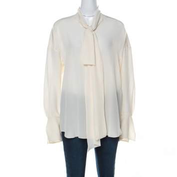 Pre Owned Chloe Cream Crepe De Chine Long Sleeve Tie Detail Buttoned Blouse M