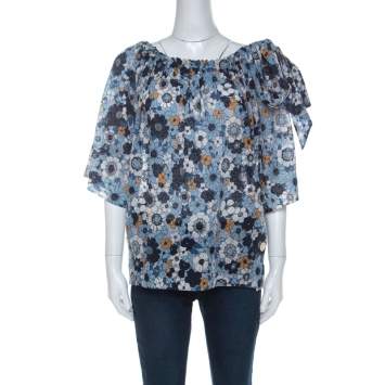 Pre Owned Chloe Blue Floral Print Cotton Gauze Bow Embellished Top S