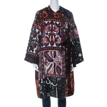 Pre Owned Chloe Multicolor Woven Tapestry Jacquard Waist Tie Detail Mid Length Coat S
