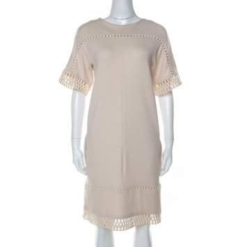 Pre Owned Chloe Beige Knit Embroidered Trim Detail Short Sleeve Shift Dress M 