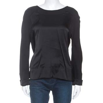 Pre Owned Chloe Black Satin And Chiffon Back Tie Detail Long Sleeve Top L