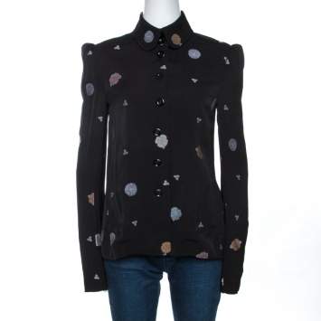 Pre Owned Chloé Black Floral Motif Jacquard Button Front Blouse M