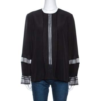 Pre Owned Chloe Black Silk Lace Paneled Long Sleeve Blouse L