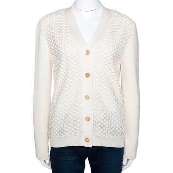Pre Owned Chloe Naturel Wool Knit Lace Paneled Button Front Cardigan M