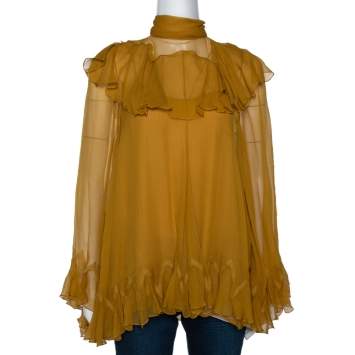 Pre Owned Chloe Mustard Yellow Silk Crepon Ruffled Godet Blouse S 