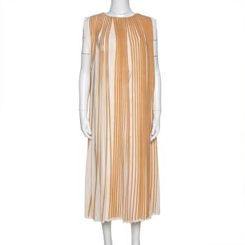 Pre Owned  Chloé Cream Striped & Pleated Silk Sleeveless Flared Dress S