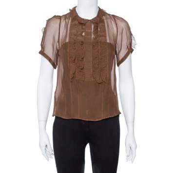 Pre Owned Chloe  Brown Silk Sheer Ruffle Detail Top M