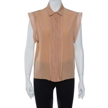 Pre Owned Chloe Brown Silk Lace Trim Button Front Blouse M
