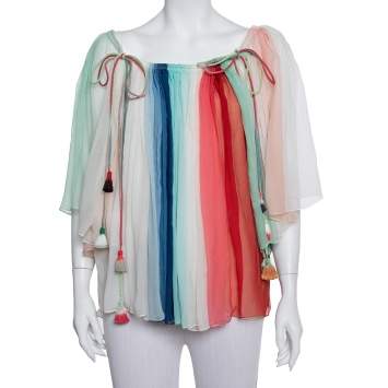 Pre Owned Chloe Multicolor Silk Crepe Tie Detail Paneled Overlay Off Shoulder Top S