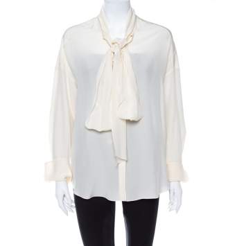 Pre Owned Chloe Cream Crepe De Chine Long Sleeve Tie Detail Buttoned Blouse S