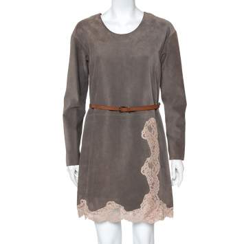 Pre Owned Chloe Grey Suede Lace Trim Detail Belted Dress S