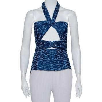Pre Owned Chloe Cyan Blue Fil Coupe Jacquard Silk Halter Neck Cut Out Detail Top M