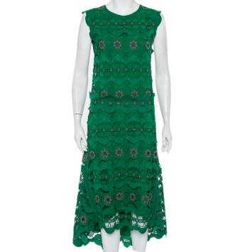 Pre Owned Chloe Green Guipure Lace Sleeveless Asymmetric Hem Dress M