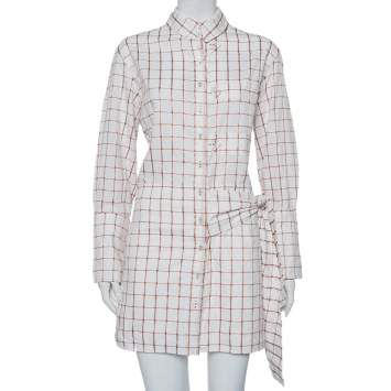 Pre Owned Chloe White & Brown Checkered Cotton Waist Tie Detail Mini Shirt Dress M