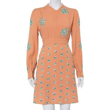 Pre Owned Chloe Peach Embroidered Crepe Waist Tie Detail Shift Dress M