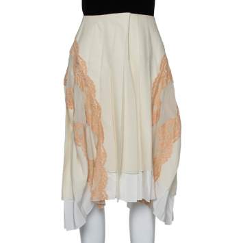 Pre Owned Chloe Cream Silk Chiffon lace trim Asymmetric hem Detail Pleated Midi Skirt M