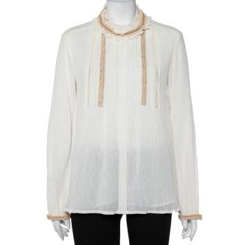 Pre Owned Chloé Off-White Crinkled Cotton Embroidered Trim Detail Top M