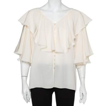 Pre Owned Chloe Cream Silk Ruffled Button Front Top L