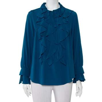 Pre Owned Chloé Ocean Blue Silk Button Front Ruffled Top L
