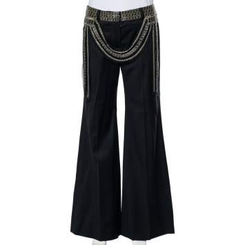 Pre Owned Chloe Vintage Black Wool Embellished Waist Detail Wide Leg Pants M
