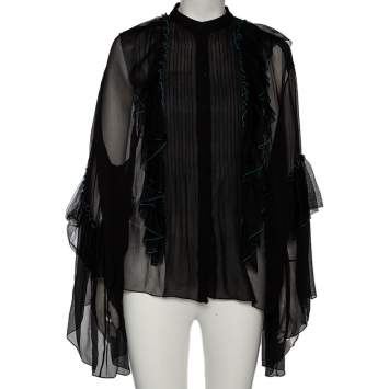 Pre Owned Chloe Black Silk Chiffon Ruffled Oversized Sheer Top M