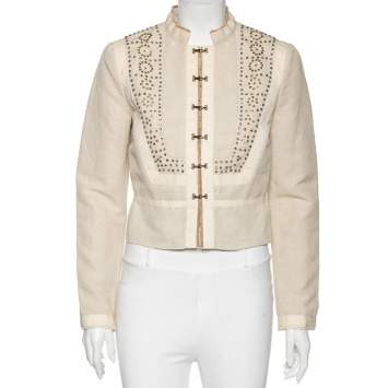 Pre Owned Chloe Beige Cotton & Linen Embellished Cropped Jacket M
