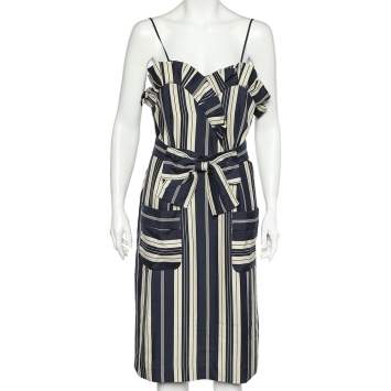 Pre Owned Chloe Navy Blue & Ecru Striped Silk Ruffled Belted Midi Dress L
