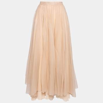 Pre Owned Chloe Peach Silk Tulle Midi Skirt M 
