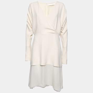 Pre Owned Chloe Cream Crepe & Chiffon Layered Sable Wrap Dress M