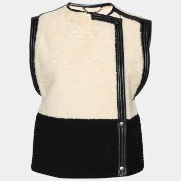 Pre Owned Chloe Cream Wool & Leather Trimmed Sleeveless Jacket M